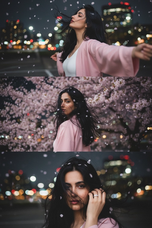 Не меняй черты лица, оставь их точь в точь как на загруженном фото. Фото в стиле триптиха, на котором изображена женщина в ночном городе.

На верхней панели изображена женщина по грудь, в профиль, расположенная в правой части кадра. Она запрокинула голову назад и закрыв глаза будто смотрит в небо разведя руки в стороны. Ее волосы развеваются на ветру закрывая лицо. На заднем плане ночной город полный ярких фонарей, где спокойно и нет людей, в небе развиваются от ветра листья сакуры . 

На средней панели изображена всё та же женщина со спины, смотрящая в кадр. На фоне все усыпано лепестками сакуры и они почти полностью перекрывают ночной город. Её волосы сильно развеваются на ветру в них запутались лепестки сакуры . 

На заднем плане нижней панели, крупным планом, изображено лицо всё той же женщины, частично скрытое развевающимися на ветру волосами в них немного лепестков сакуры, которая смотрит прямо на зрителя. Правой рукой она придерживает волосы, демонстрируя белое обручальное кольцо. 

Ночной Город и небо создают нейтральный, угрюмый фон для фотографии в натуралистическом стиле и при мягком освещении. Использовать лицо с фото на 100% , не изменяя черты лица. На девушке - белый топ и нежно-розовое хаори в японском стиле.