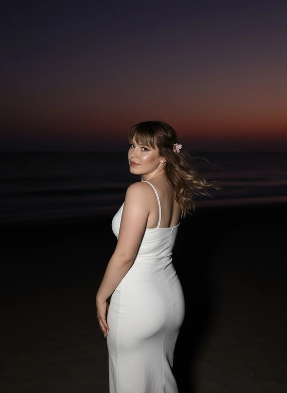 Сделай фото, будто я на пляже, где темно, но кто-то сфотографировал меня со вспышкой, и мое лицо немного блестит и светится, заднем плане закат, как будто солнце село на 98%, оставив фиолетовый оттенок, и само по себе почти темно. Фото сделано из-за моей спины, как будто  мне сказали, повернуться. Я в белом облегающем платье с цветком, заправленным в волосы. Волосы должны развеваться так, как будто дует слегка ветер.