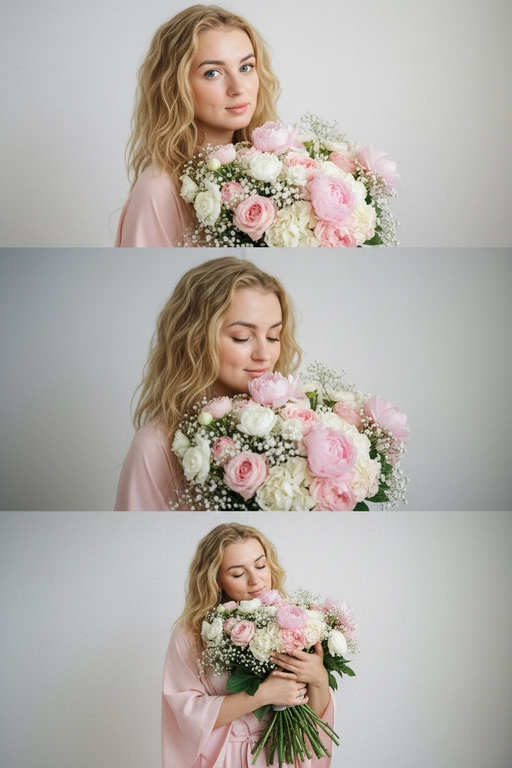 Не меняй черты лица, оставь их точь в точь как на загруженном фото, в том числе макияж и волосы.
Композиция из триптиха изображает женщину дома с цветами
На ней свободная пижама кимоно в пол нежно розового цвета.

На верхнем кадре портрет крупным планом, женщина смотрит в камеру лицо боком в руках у неё огромный букет. На заднем плане светлая стена размыты.

На центральном кадре сверхкрупный план, та же девушка, ее голова слегка наклоненная вперед, она принюхивается к букету, ее глаза закрыты, на лице легкая улыбка.  Кадр снятый с очень близкого расстояния, видно только часть огромного букета и лица  

На нижнем кадре портрет крупным планом изображена всё та же женщина, голова запрокинута вверх глаза закрыты, прижимает все тот же огромный букет к груди

Цветовая палитра приглушена, с нежными розовым, белым
Общий стиль наводит на романтику. Присутствует видимая зернистость.  Букет цветов - разные цветы