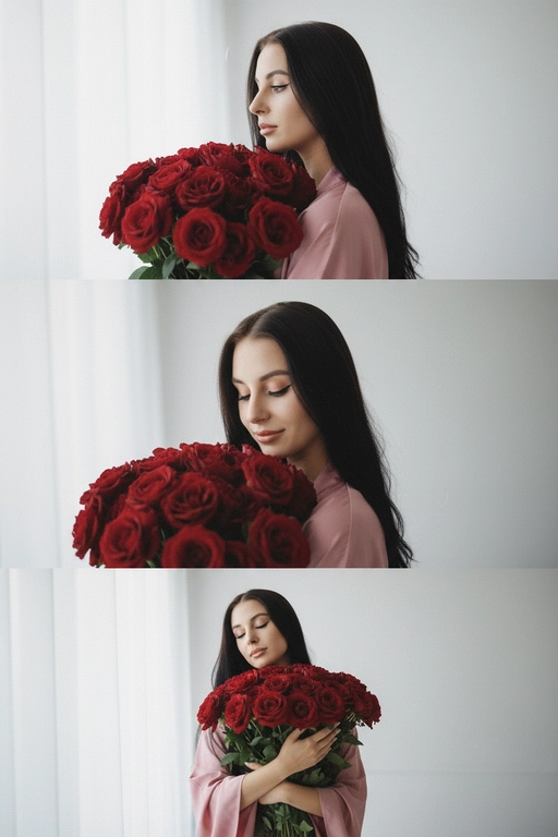 Не меняй черты лица, оставь их точь в точь как на загруженном фото, в том числе макияж и волосы.
Композиция из триптиха изображает женщину дома с цветами
На ней свободная пижама кимоно в пол нежно розового цвета.

На верхнем кадре портрет крупным планом, женщина смотрит в камеру лицо боком в руках у неё огромный букет. На заднем плане светлая стена размыты.

На центральном кадре сверхкрупный план, та же девушка, ее голова слегка наклоненная вперед, она принюхивается к букету, ее глаза закрыты, на лице легкая улыбка.  Кадр снятый с очень близкого расстояния, видно только часть огромного букета и лица  

На нижнем кадре портрет крупным планом изображена всё та же женщина, голова запрокинута вверх глаза закрыты, прижимает все тот же огромный букет к груди

Цветовая палитра приглушена, с нежными розовым, белым
Общий стиль наводит на романтику. Присутствует видимая зернистость.  Букет цветов - красные цветы