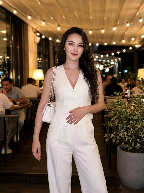 Фотореалистичное фото, снятое на iPhone, в эстетике elegant night outfit, feminine luxury vibe, Pinterest style. Кадр по бёдра или чуть ниже, модель находится на фоне стильного вечернего кафе или летней террасы. Фото выглядит естественно, как живой городской кадр без студийной постановки.

Модель с вечерним glam-макияжем: кожа с натуральной текстурой, длинные ресницы, подчёркнутые глаза, мягкий контуринг и розовые глянцевые губы. Выражение лица спокойное, мягкое, отстранённое и уверенное.

На модели через плечо белая стёганая сумка на цепочке. Образ элегантный, дорогой, вечерний и женственный.

Модель стоит в расслабленной fashion-позе: корпус слегка изогнут, одна рука заведена назад или лежит у талии, другая естественно держит сумку на плече. Голова немного наклонена в сторону, взгляд мягкий и уверенный. Поза плавная, женственная, с акцентом на талию, разрез юбки, сумку и силуэт.

На заднем плане вечерняя летняя терраса или вход в красивое кафе: мягкий тёплый свет лампочек сверху, цветы в кашпо, светлый декор, стеклянные панели, уютная ночная городская атмосфера. Фон слегка размыт, но читается как стильное модное заведение.

Освещение мягкое ночное, смешанное: тёплые лампы сверху и лёгкая холодноватая подсветка заведения на фоне. Свет не выглядит как студийный свет.

Цветокор cinematic: глубокие мягкие тени, сочетание голубовато-белых и тёпло-золотистых оттенков, лёгкий контраст, натуральные цвета, без чрезмерного HDR и без глянцевой рекламной обработки. Естественная текстура кожи, soft shadows, real life shot, iPhone photo, casual luxury lifestyle, no studio lighting, no CGI, no plastic skin, no over-retouching.

Какая будет одежда?: На модели белый костюм в стиле modern luxury: приталенный жилет с глубоким V-образным вырезом и широкие брюки с высокой посадкой. Ткань плотная, гладкая, хорошо держит форму. Образ выглядит чисто, дорого, современно и очень fashion.

Какая будет прическа?: крупные мягкие голливудские волны, уложенные на одну сторону, с аккуратным блеском и плавной формой, вечерняя элегантная укладка.