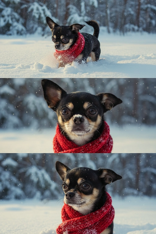     Коллаж из 3-Х фото моего питомца на зимнем фоне в снегу. Питомец в вязаном шарфе, вокруг падает снег, на заднем плане заснеженный лес.

Первый кадр — питомец в полный рост. Он играется со снегом 

Второй кадр — крупный план, увеличенный кадр мордочки питомца с одной снежинкой на носике. Мордочка питомца занимает весь кадр, взгляд прямо в камеру 
 
Третий кадр - портрет питомца, он смотрит в левую сторону. На фото виден шарф, на шарфу есть снежинки 

Три кадра объединены в вертикальный коллаж в едином тоне и свете. Атмосфера — реалистичная, теплая и немного кинематографичная.
Свет мягкий, утренний.  Цвет шарфа - красный 