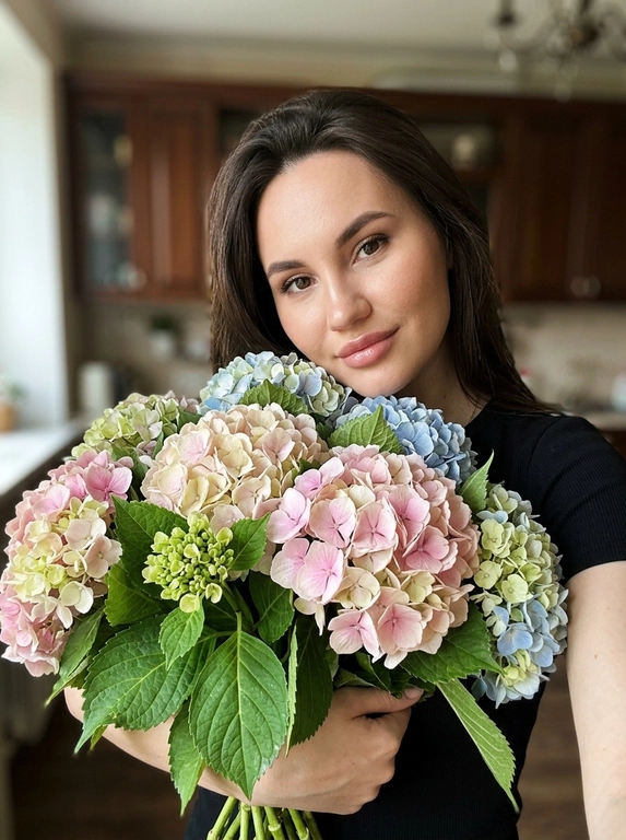 Портрет женщины в стиле «цветочного селфи» — модель держит перед собой огромный букет цветов, частично скрывающий её тело, но оставляющий лицо открытым. Ракурс — крупный план, снятый на уровне глаз или чуть ниже, камера направлена прямо на модель, создавая эффект личного взгляда зрителя в глаза героини. Поза расслабленная, естественная: женщина слегка наклоняется к цветам, подбородок опирается на верхнюю часть букета, взгляд прямой, мягкий, с легкой улыбкой — выражение лица: спокойствие, удовлетворенность, внутренняя гармония, как будто она только что получила этот подарок и наслаждается моментом. Букет: более 30 крупных цветов; некоторые цветы полностью раскрыты, другие — еще в бутонах, создавая объем и динамику. Зеленые стебли и листья свежие, сочные, с видимыми прожилками и естественным блеском; букет плотно собран и занимает нижнюю половину кадра. Топ нейтрального цвета, который не отвлекает внимание от цветов и лица. Фон — размытый интерьер помещения, возможно кухня или гостиная: видны темные стены или шкафы, светлая столешница или подоконник внизу кадра; глубина резкости малая (боке), фон теряет детали, чтобы акцентировать внимание на лице модели и цветах. Освещение — естественный дневной свет, падающий слева или спереди, создает мягкие тени на правой стороне лица и тела, подчеркивает объем цветов и текстуру лепестков; видны блики на глазах, губах и глянцевых поверхностях листьев. Нет резких контрастов — свет равномерный и flattering для портрета. Обработка и стиль: фильтр «soft floral natural» — легкое размытие фона (боке) для усиления глубины; добавление микро шума для эффекта пленки Kodak Portra 400; усиление контраста в области лица и цветов, чтобы выделить детали кожи и лепестков. Цветокоррекция сбалансированная.  Эмоциональный тон — радость, благодарность, женственность, ощущение момента «счастье в мелочах» — простое, но глубокое удовольствие от красоты природы и внимания. Дополнительно: добавить детали — блики на глазах и губах, отражение света в лепестках и листьях, легкие складки ткани на одежде, текстуру кожи с мельчайшими порами, едва заметную пыль в воздухе для объема. Композиция — правило третей, лицо модели смещено вправо, букет занимает левую и нижнюю часть кадра, создавая визуальный баланс. Стиль — эстетика Instagram-фотографий 2020-х, смесь lifestyle и portrait photography, с акцентом на эмоции, натуральность и красоту повседневных моментов.


Какие будут цветы?: У неё в руках букет гортензий.