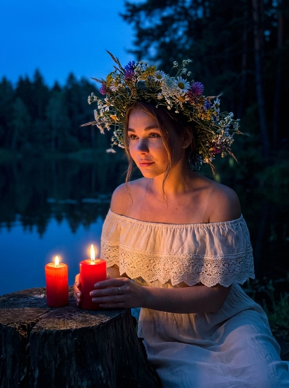 Ultra-realistic Ivan Kupala night atmosphere near a calm lake at twilight. Woman sitting beside an old tree stump near the water, body slightly leaning forward in a dreamy relaxed pose, one arm resting naturally over the knee, the other delicately holding a thin burning red candle beside another candle on the stump. White off-shoulder vintage peasant dress with lace details and soft fabric folds. Hair styling only: soft natural styling with loose face-framing strands. Large realistic wildflower crown made of chamomile flowers, meadow grass and white blossoms. Dark forest and calm lake behind, warm candlelight illuminating the face and hands, deep blue twilight shadows, mystical summer night mood. Shot on iPhone night mode, realistic low-light grain, lowered exposure, no flash, no blur, no bokeh, everything sharp and in focus.