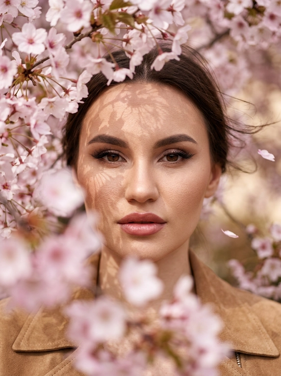 Крупный план лица. Модель смотрит прямо в объектив через густые ветви цветущей сакуры. Часть цветов на переднем плане находится вне фокуса, создавая ощущение глубины и мягкие розовые размытые пятна.
Пластика и поза: лицо словно зажато между ветками.
Модель немного наклоняет голову, из-за чего линия скул образует выразительный острый угол.
Взгляд осознанный, глубокий, живой.
Одежда: видна только линия плеч. Светло коричневая стильная ( по мотивам ysl) замшевая куртка.
Динамика: резкая фокусировка на глазах. Прядь волос и лепестки немного размыты ветром (motion blur). Макияж : густые длинные ресницы, оформленные брови, стрелка удлиняющая глаз, бронзер , легкий тон, губы подчеркнуты насыщенным пыльно розовым карандашом, розовый блеск.
Высокая детализация кожи, реализм текстуры.
Атмосфера: ощущение дорогой журнальной съёмки.
Естественный свет проходит сквозь лепестки и ветви, создавая на лице тонкую сетку из теней.
Супер детализированное фото 8К.