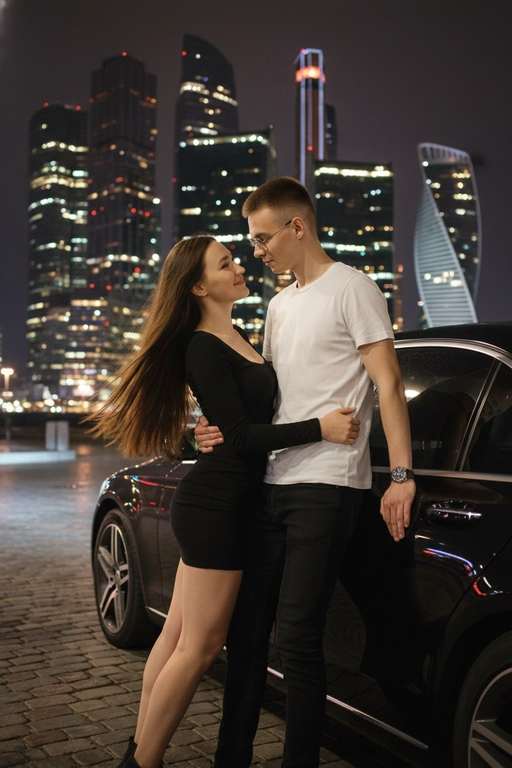 Используй предоставленные изображения и создай фото женщины и мужчины, в романтическом стиле, женщина облокотилась спиной на автомобиль, слегка откинувшись назад. ее слегка взъерошенные волосы мягко развеваются на ветру. Лицом к ней прижавшись стоит мужчина выше нее и одной рукой обнимает её за талию, а другой рукой опирается на машину. Влюбленно смотрит на женщину. На заднем плане изображена Москва-Сити, сияющая теплыми золотистыми огнями ночного города. Улица залита мягким городским светом, создающим гламурную и кинематографическую атмосферу. Поза женщины уверенная и в то же время игривая, и основное внимание уделяется взаимодействию между ней мужчиной. Освещение должно подчеркивать их силуэты, а отражения окружающих огней на стекле автомобиля должны создавать элегантную атмосферу. На девушке черное короткое платье в обтяжку с небольшим вырезом. Грудь маленькая, попа маленькая. Волосы длинные, ниже талии. Мужчина в белой футболке и черных джинсах, на правой руке серебряные часы, без очков. Мужчина выше девушки. Черты лица людей не менять.