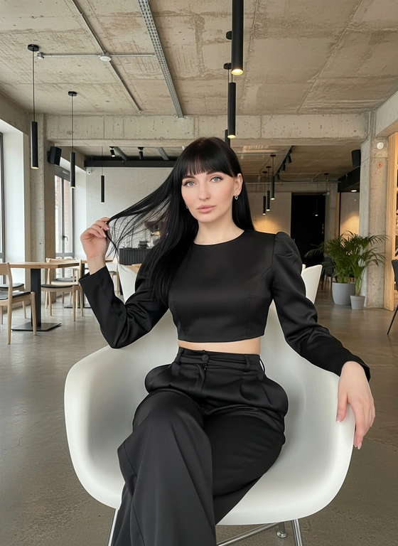 Сгенерируй высококачественную фотографию, не меняя черты лица. Молодая девушка – волосы как на фото, чёлка как на фото, сидит на современном светлом кресле с плавными линиями. Она одета в элегантный чёрный атласный костюм: укороченный топ с объёмными рукавами и свободные брюки с высокой талией. Макияж выполнен в стиле „нюд“ с акцентом на глаза —, накрашенные ресницы, лёгкий блеск на губах.
Поза расслабленная, но выразительная: она слегка наклонила голову вбок, левая рука нежно касается волос, правая лежит на подлокотнике кресла. Взгляд направлен в камеру, выражение лица уверенное и немного загадочное.
Фон — интерьер современного кафе в стиле лофт
бетонные потолки с видимыми коммуникациями;
подвесные цилиндрические светильники;
минималистичная мебель.
Освещение комбинированное.
