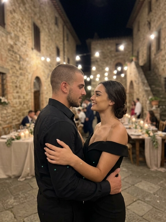 Cinematic realistic photo of a man and a woman slow dancing intimately at night. The man is wearing a black button-up shirt. The woman is wearing an elegant black off-the-shoulder evening dress. They are dancing closely together at an outdoor wedding venue in an old Italian village courtyard. The mood is romantic, tender and intimate. Warm dim lighting comes from distant string lights and candles, creating soft highlights and gentle shadows. In the softly blurred background, wedding tables, decor and a few guests are visible, adding depth and atmosphere without distracting from the couple. Their body language feels natural and emotional, with a deep affectionate look between them. The image should feel like a real candid moment captured from the side by someone nearby, not a staged fashion shoot. Shot on iPhone, ultra-realistic, natural skin texture, realistic fabric details, slight low-light grain, soft background focus, authentic evening atmosphere, high detail.