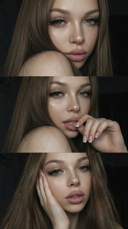 Вертикальный Y2K-коллаж с девушкой и сияющим макияжем