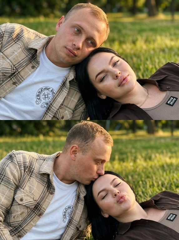 Дорогой lifestyle момент, снят случайно, как сторис без каких либо табличек. Не меняя внешности людей с фото, создай коллаж вертикальный из двух фотографий, на изображении запечатлены мужчина и  женщина, лежащие на зелёной траве в тёплом солнечном свете, которые занимают центральное пространство кадра. Их головы соприкасаются, создавая ощущение близости и естественной связи между ними. Мужчина повернут чуть больше к камере, его тело частично скрыто, но видна верхняя часть одежды — белая футболка chrome hearts под открытой бежевой клетчатой рубашкой из тонкой ткани с мягкой текстурой с дизайнерскими потертостями. При этом отдельные волосы нежно подсвечены тёплыми солнечными лучами, которые создают мягкие тени на лице и подчёркивают спокойное, слегка задумчивое выражение глаз. Рядом с ним женщина, лежащая на траве в расслабленном положении, повернута немного в профиль, но лицо хорошо видно: кожа ровная и сияет в солнечном свете, здоровый блеск лица, который придаёт её облику мягкое, тёплое свечение и подчёркивает естественную красоту. Натуральный макияж подчёркивает её глаза с длинными ресницами, слегка румяные щеки, создавая эффект свежести и естественной красоты. женщина с ровным тоном кожи с эффектом влажного сияния,мягким контуринг скул, хайлайтером с влажным сиянием на скулах , кончике носа и спинке носа, уложенными ламинированием густыми бровями, ресницы пышные и густые нарощенные в лисьем эффекте. Она одета в рубашку тёмно коричневатого оттенка под рубашкой видно майку miu miu, ткань которой выглядит лёгкой и дышащей, с воротником, чуть приоткрытым у шеи, обрамлённой тонкой цепочкой-ожерельем. Лицо женщины выражает игривость и лёгкую шутливость — в первой части фото она слегка прищуривает один глаз, а во второй поднимает брови без морщин и надутыми губами  будто целует камеру создаёт  выражение, передающее близость и дружелюбную лёгкость момента. Во втором фото мужчине целует её в голову. Каждая черта их лиц сохранена в естественном виде, без искажений, подчёркивая их индивидуальность. Фон из травы добавляет чувству покоя и гармонии, мягко размываясь за ними и создавая глубину кадра. Атмосфера сложена из теплого солнечного света, который падает с верхнего угла, мягко освещая персонажей и отбрасывая деликатные тени, что придаёт сцене естественную и живую кинематографическую теплоту. Композиция кадра гармонична и равновесна, подчёркивая естественную связь и дружественную атмосферу между двумя героями, фотореалистичное изображение, высокая текстурная детализация, высокое качество, разрешение 8K.
Строго лежат головами на траве.Фотореализм, фото снято на iPhone 16 pro max, нет идеальной симметрии, видно текстуру кожи, raw photo, пленочное зерно, нет «постановочного» ощущения, зернистость.