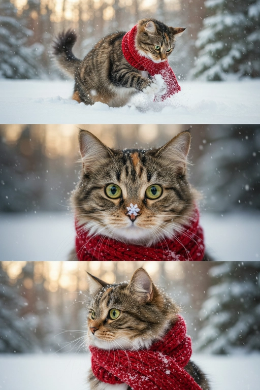     Коллаж из 3-Х фото моего питомца на зимнем фоне в снегу. Питомец в вязаном шарфе, вокруг падает снег, на заднем плане заснеженный лес.

Первый кадр — питомец в полный рост. Он играется со снегом 

Второй кадр — крупный план, увеличенный кадр мордочки питомца с одной снежинкой на носике. Мордочка питомца занимает весь кадр, взгляд прямо в камеру 
 
Третий кадр - портрет питомца, он смотрит в левую сторону. На фото виден шарф, на шарфу есть снежинки 

Три кадра объединены в вертикальный коллаж в едином тоне и свете. Атмосфера — реалистичная, теплая и немного кинематографичная.
Свет мягкий, утренний.  Цвет шарфа - красный 