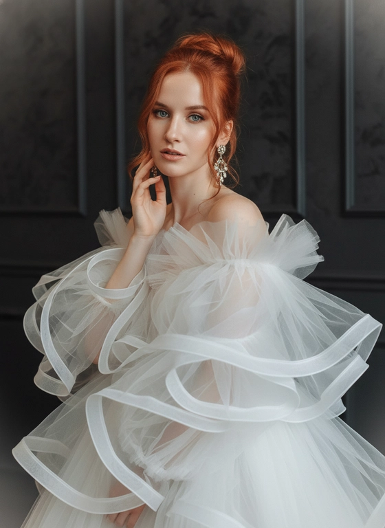 Создай изображение меня
Максимально сохрани мою внешность
Редакционный портрет красивой женщины из журнала высокой моды, она тонула в объемном пышном белом платье из полупрозрачной органзы и тюля — много слоев, оборок и летящих складок, ткань обволакивает тело и лицо по краям; бархатистая загорелая кожа, естественный нюдовый макияж, небрежный высокий пучок с распущенными локонами, цвет волос как на фото, элегантные серьги-люстры. Размытый, мечтательный пленочный фильтр: мягкое рассеивание, размытие по краям, кинематографический блум, теплые янтарные и кремовые тона, легкая дымка в воздухе. Поза: крупный план на 3/4, корпус слегка наклонен вперед, кисть на лице, пристальный взгляд в камеру. Освещение: мягкий рассеянный естественный .
Фон контрастный образу