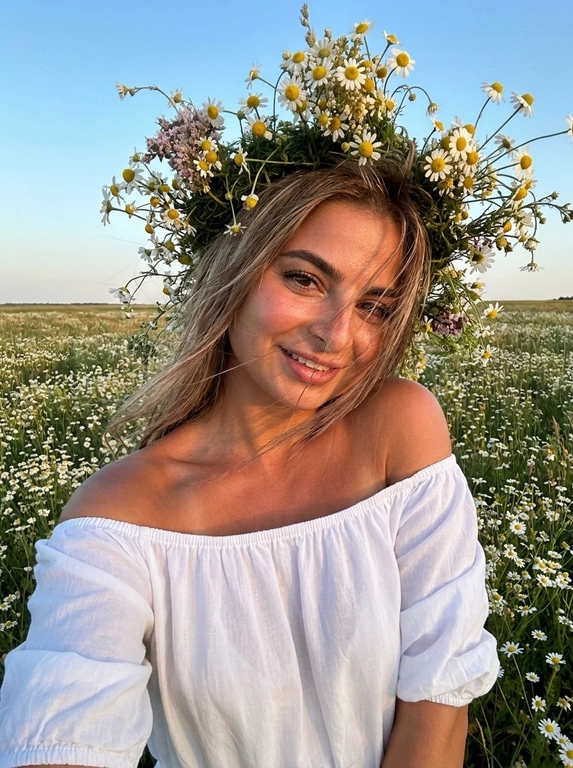 Женщина делает селфи. На ней белое легкое платье с открытыми плечами, лёгкое хлопковое  платье. Кожа загорелая. У нее на голове объёмные цветочные венки из мелких полевых ромашек . Венки должны быть пышные, натуральные, свежие, как летний flower crown. Цветы расположены вокруг головы, без искусственного вида.
Её волосы развиваются от ветра слегка падая на лицо.
Фон: летнее поле с ромашками. Открытое небо без облаков слегка голубое.
Не размывай фон. Голова слегка наклонена к плечу.
Рук в кадре нет.
Горизонт прямой , волосы сильно развиваются от ветра. Солнечная погода в золотой час.
