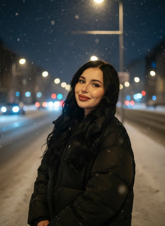 
Кинематографичный ночной портрет молодой девушки на заснеженной улице под уличным фонарём. Она стоит на тротуаре и смотрит в камеру , улыбаясь слегка падающему снегу. Атмосфера зимнего города, тёплый жёлтый свет фонаря контрастирует с холодными синими оттенками ночи, в фоне размытые фары машин и городские огни. Девушка в тёмной пуховой куртке, вьющиеся волосы, естественный макияж, живые эмоции. Эффект падающих снежинок в движении. Малая глубина резкости, мягкое боке, кинематографический свет, реалистичная текстура кожи, высокая детализация, эстетика Instagram, вертикальный кадр, профессиональная портретная фотография.
#зимние
