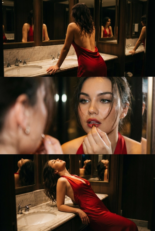 Создай не меняя черты лица. Экстремально реалистичный кинематографичный триптих, как живая серия фотографий из Instagram, снятая в зеркальном туалете дорогого ресторана. Вечер, интимная атмосфера, отражения в зеркалах, приглушённый свет, ощущение роскоши и ускользающего момента. Весь триптих объединён одним образом и единым настроением, с лёгким зерном, как будто кадры сняты в движении, естественно. В верхней части женщина стоит спиной облокотившись на раковину рукой, лицо в тени спина освещена, в отражениях зеркал видна её фигура, на ней одно и то же красное платье с открытой спиной, ткань струится и выглядит дорого, чувственно. Свет мягко скользит по плечам и линии спины, создавая глубокие тени и драматичный силуэт. В средней части экстремально близкий ракурс лица через зеркало, женщина смотрит на своё отражение и поправляет помаду, жест живой и естественный. Лицо частично в фокусе, частично слегка размыто, ощущение движения и дыхания кадра. Пышные ресницы, выразительный взгляд, блики света в зеркале, локоны из пучка падают на лицо, добавляя интимности. В нижней части девушка запрокинула голову и облокотилась о раковину, глаза закрыты, поза расслабленная, уязвимая, словно она на секунду выпала из шумного вечера. Платье то же самое, красное, ткань ловит приглушённый свет, усиливая глубину цвета и теней. Во всех кадрах приглушённое освещение, cinematic lighting, мягкие тени, отражения зеркал, лёгкое зерно и небольшой motion blur без резкой чёткости и глянца. Цвета глубокие, насыщенные, но сдержанные. Общий стиль ультрареализм, кинематографическая эстетика, эффект настоящего Instagram-триптиха, ощущение пойманного момента, живо, чувственно и очень реалистично, как кадры из личного архива.
Не меняй черты лица. Не изменять прическу с исходного фото