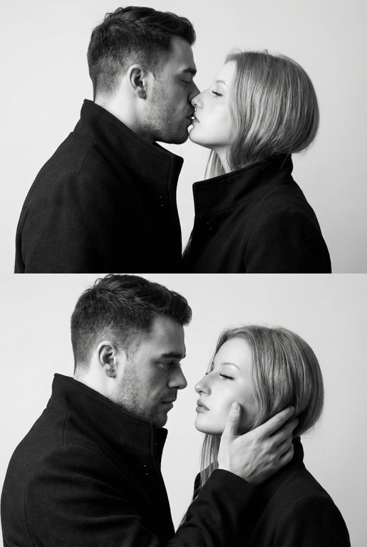   Не меняй внешность. Фотография представляет собой диптих (двойное изображение), выполненный в черно-белой гамме, который запечатлел пару в двух последовательных, нежных моментах. Общий стиль снимка — минималистичный и драматичный.
Верхний Кадр: Поцелуй
• Действие: Пара запечатлена в момент поцелуя.
• Мужчина: Слева, в профиль. Он одет в темное пальто или пиджак с высоким воротником. Его губы соприкасаются с губами женщины.
• Женщина: Справа, в профиль, с приподнятым подбородком, чтобы дотянуться до мужчины. У нее тонкие, изящные черты лица. Она одета в похожее темное пальто с воротником-стойкой.
• Эмоция: Кадр передает интимность и сосредоточенность на моменте соприкосновения.
Нижний Кадр: Нежность и Взгляд
• Действие: Мужчина и женщина смотрят друг на друга (или почти смотрят) на очень близком расстоянии.
• Мужчина: Слева, в профиль. Выражение его лица более серьезное и задумчивое. Он смотрит прямо на женщину.
• Женщина: Справа. Ее голова немного запрокинута, а глаза почти закрыты, что придает моменту большую чувственность.
• Взаимодействие: Рука мужчины (похоже, его правая рука) нежно поддерживает ее лицо сбоку, держа ее за челюсть/подбородок. Это движение подчеркивает заботу и глубокую эмоциональную связь между ними.
Общий Стиль и Композиция
• Цвет: Использование черно-белой палитры исключает отвлекающие цвета и усиливает драматизм, фокусируя внимание зрителя на контурах, текстурах и эмоциях.
• Одежда: Оба одеты в простые, темные вещи, которые гармонируют с общим настроением снимка.
• Фон: Однотонный, нейтральный, светлый фон (возможно, белая или светло-серая студийная стена), который создает сильный контраст с темной одеждой пары.
• Композиция: Диптих, разделенный горизонтальной линией, показывает два мгновения близости, создавая историю или последовательность.
Снимок производит впечатление элегантной, высококлассной модной или арт-фотографии, посвященной теме глубокой, серьезной любви и страсти.
