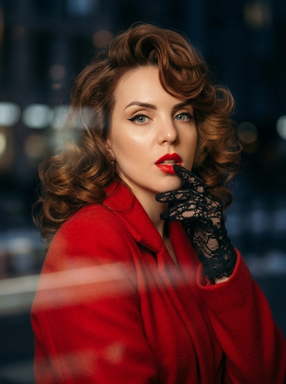 Фотореалистичный fashion-портрет женщины.
Элегантная, уверенная, кинематографичная съемка в стиле high fashion editorial.
Крупный портрет по грудь, легкий поворот корпуса, взгляд прямо в камеру, слегка приоткрытые ярко-красные губы, выразительный макияж с черной стрелкой eyeliner.
На ней ярко-красное пальто с плотной тканью и аккуратным кроем, образ роскошный, дерзкий и женственный.
Одна рука в черной кружевной перчатке поднята к лицу, пальцы слегка касаются подбородка и губ, создавая изысканную позу.
Украшения минимальные, небольшие элегантные серьги.
Съемка через стекло или окно, на переднем плане мягкие размытые отражения и легкие полосы стекла, как у уличной модной фотографии.
Фон темный, размытый, с мягким боке и атмосферой города, но без отвлекающих деталей.
Освещение мягкое, теплое, контрастное, с красивыми тенями на лице, skin glow, естественная текстура кожи, дорогой журнальный стиль.
Цветокоррекция: теплые глубокие оттенки, акцент на красный цвет пальто и губ, благородные темные тени, cinematic mood.
Фото выглядит как дорогая съёмка для модного журнала, ultra realistic, high detail, sharp focus on face, shallow depth of field, 85mm portrait lens, soft film grain, luxury editorial aesthetics.
Негативный промпт
искаженное лицо, другая личность, лишние пальцы, лишние руки, деформированные губы, кривые глаза, плохая анатомия, мультяшность, пластик, чрезмерная ретушь, низкое качество, размытое лицо, шум, пересвет, артефакты, лишние украшения, лишний фон, неестественная кожа, плохой макияж, кривой нос, неправильные пропорции, двойное лицо

Какая будет укладка?: крупные воздушные локоны, приподнятые корни и аккуратно оформленные пряди вокруг лица. Даёт более современный luxury-эффект.