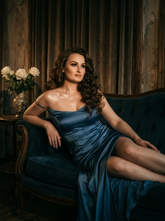 Абсолютное сохранение черт лица модели, внешность 1:1, не искажать и не менять лицо.
Общая стилистика:
Глубокий, атмосферный, интимный fashion editorial портрет с кинематографическим качеством. Изображение должно быть "moody" (настроенческим), с высоким контрастом и ощущением пленочной фотографии.
Поза и Ракурс:
Женщина в расслабленной позе полулёжа откинулась назад на винтажном бархатном диване глубокого цвета. Корпус развернут в 3/4, одна рука служит опорой за спиной, ноги согнуты в коленях и перекрещены. Ракурс камеры чуть ниже уровня глаз, создавая ощущение подглядывания. Кадрирование по бедра (3/4 роста), основной акцент на ключицы, плечи и зону декольте.
Внешность и Одежда (Без указания цвета волос):
Макияж: Акцент на длинные, разделенные черные ресницы. Мягкий скульптурирующий контуринг лица, естественный румянец. Заметный влажный хайлайт на ключицах и плечах.
Освещение и Интерьер:
Свет: Драматичное, теплое боковое освещение (как от окна на закате) служит рисующим светом, создавая глубокие тени и подчеркивая объем. Тонкий, слабый контровой свет (rim light) едва очерчивает силуэт плеч и прически, отделяя модель от фона.
Окружение: Комната в полумраке. На фоне угадываются тяжелые фактурные портьеры, старая штукатурка на стене или деревянные панели. Атмосфера будуара или старой квартиры.
Технические и Художественные Детали:
Эстетика пленочного кадра, снятого на объектив 35mm или 50mm с открытой диафрагмой (f/2.8), обеспечивающей мягкое, художественное боке на заднем плане. Изображение слегка недоэкспонировано (low key) для насыщенности теней. Цветокоррекция в тёплых, приглушённых бежево-коричневых и охристых тонах с пониженной насыщенностью холодных оттенков (зеленого и синего). Высокая детализация текстуры кожи, ткани денима и сатина, подчёркнутая легкой, естественной пленочной зернистостью и мягкой виньеткой по краям кадра.

Какая будет прическа?: Волосы уложены в объёмные локоны

Какая будет одежда?: Синее длинное атласное платье с локонами спускаюсь на лестнице с белыми розами