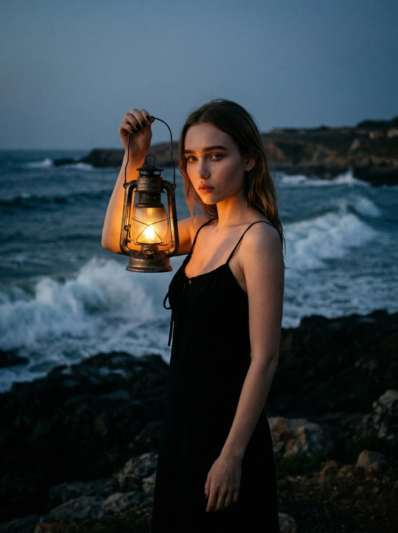 Женщина стоит на закате на берегу моря в бухте, большие волны, сумерки, темно, вдали сбоку виден край берега. На ней черное летнее платье на бретельках с завязками на груди. В руке она держит старую горящую лампу за ручку, поднося её к лицу. Стоит полубоком к камере. Смотрит прямо в камеру без улыбки. Фото слегка смазанное. Кинематографический эффект с добавлением зерна. Ногти короткие, черные. Кожа идеальная, мягко подсвечена. Не меняй черты лица. Фото затемнено, основной свет только от лампы в руках.