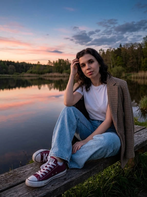 Портретная фотография на природе во время заката. Женщина сидит на деревянной скамейке со спинкой у берега спокойного водоема или реки. На заднем плане виден лесистый берег, а небо с облаками отражается в воде. Атмосфера кадра тихая, спокойная и умиротворенная. Цветовая гамма теплая и мягкая, с сочетанием голубых, розовых и оранжевых оттенков закатного неба.
На женщине белая футболка, голубые широкие оверсайз джинсы и бордовые кеды  Converse Chuck Taylor All Star OX с белыми шнурками. Поверх футболки накинут пиджак в клетку коричнево-бежевых тонов. Образ выглядит повседневно, естественно и расслабленно.
Поза непринужденная: женщина сидит на скамейке полулежа, слегка облокотившись на спинку. Одна рука поднята к голове, будто она поправляет волосы или просто касается виска в естественном жесте. Взгляд направлен прямо в камеру. Кадр передает ощущение уюта, тишины и вечернего покоя. Реалистичная фотография, мягкий естественный свет, живая атмосфера, натуральные цвета, спокойное lifestyle-настроение.