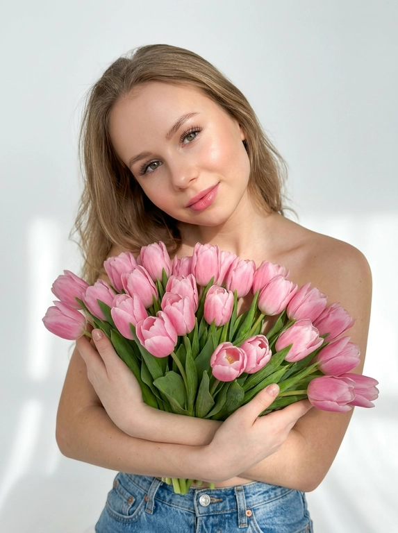 Женщина позирует в на белом фоне. Мягкие тени на стене и полу, ощущение воздуха и пространства. Макияж натуральный: ровный сияющий тон кожи, подчеркнутые ресницы, мягкие розовые губы. Атмосфера кадра — женственность, свежесть, легкость, весеннее настроение. Крупный план по грудь. На ней только светло-голубые широкие джинсы Levi’s с высокой посадкой. Взгляд в камеру, спокойное уверенное выражение лица. Голова немного наклонена вбок.

Какие будут цветы?: Она обнимает большой букет розовых тюльпанов, полностью прикрывая им грудь. Стебли естественно опущены вниз под весом цветов.