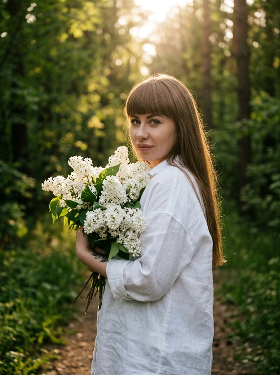 Кинематографичная фотореалистичная photography модели в лесу летом, снятая на Hasselblad X2D II 100C, 85mm lens, f/1.8, medium full shot, камера расположена на уровне талии и слегка сбоку. Модель стоит на узкой лесной тропинке среди густого зелёного леса, повернувшись вполоборота через плечо к камере. В руках она нежно прижимает к себе огромный букет цветов, отдельные ветки частично закрывают плечо и грудь. Выражение лица спокойное и чувственное, еле заметная улыбка, губы расслаблены, взгляд направлен прямо в камеру. На ней свободная белая длинная льняная рубашка oversize с длинными рукавами, натуральная слегка мятая ткань красиво подсвечивается солнцем. Кожа ровная, сияющая, с лёгким естественным загаром и realistic skin texture без plastic skin. Макияж soft natural glam: мягкий contouring, пушистые brows, длинные натуральные ресницы, subtle warm glow на коже. Тёплый золотой свет закатного солнца проходит сквозь деревья и создаёт cinematic backlight вокруг силуэта, мягкие солнечные блики на сирени и ткани одежды, глубокие зелёные тени в лесу. Атмосфера тихая, живая и немного dreamy, будто кадр из арт-фильма. Moody underexposed forest photography, warm golden highlights, rich deep greens, soft haze, subtle film grain, luxury Pinterest editorial aesthetic, ultra photorealistic RAW quality.

Какие будут цветы?: В руках белая сирень