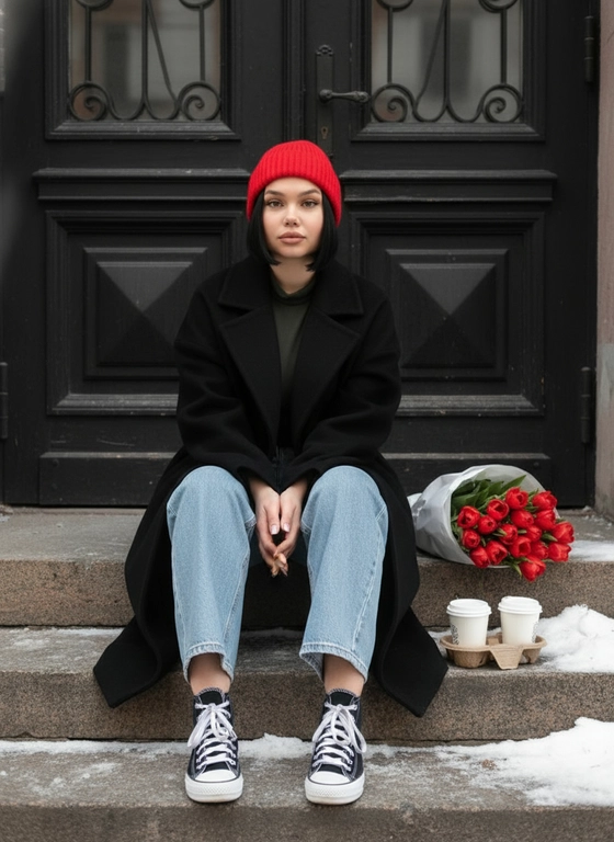 

Промпт пользователя:
Создай портрет, не меняя черты лица.Волосы черные удаленное каре .Фотография молодой женщины в стиле «уличная мода» (street style), сидящей на заснеженных ступенях у темной классической двери. На ней ярко-красная маленькая вязаная шапка-бини, черное пальто оверсайз, широкие голубые джинсы и черные высокие кеды с белыми шнурками. , смотрит в камеру, макияж нюдовый, маникюр светлый короткий квадрат . Рядом с ней на ступенях лежит большой букет красных тюльпанов в белой бумаге и стоят два белых  стакана кофе в картонной подставке . На земл снег. Атмосфера уютная, городская, ранневесенняя. Естественное мягкое освещение, малая глубина резкости, фокус на деталях одежды и цветах. eye-level shot

#цветы #брюнетка #женщина #улица #зима #джинсы #тренды #иисервис