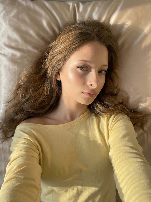  

Не меняя черты лица Создай портрет, не меняя черты лица. Девушка лежит на кровати делая селфи от первого лица, она в нежно желтом лонгсливе, спущенном с плеча
Волосы цвет как на фото распущенные блестящие лежат на подушке, голова полубоком.
Постель  светло бежевая сатиновая, фото в золотой час
Солнце красиво освещает её лицо, её безупречный макияж.
