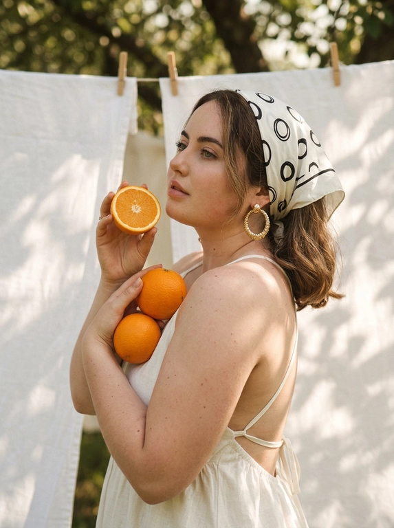 Transfer the face from the photo identically. Shoulder-up side profile portrait outdoors next to white linen sheets hanging on a clothesline with wooden clothespins. The woman wears a light summer dress with thin straps and an elegant open back revealing the shoulders. Her head is wrapped in a white headscarf with a small repeating circular black print tied behind the head. Large textured gold hoop earrings.Pose with chin slightly lifted while holding a half orange near the face and two whole oranges resting against the shoulder and chest.Natural sunlight filtered through tree leaves creates soft dappled shadows on the skin and fabric.Warm vintage analog film color grading with slightly muted greens and rich citrus orange tones, subtle film grain, gentle softness and highlight bloom, shallow depth of field, cinematic lifestyle photography.