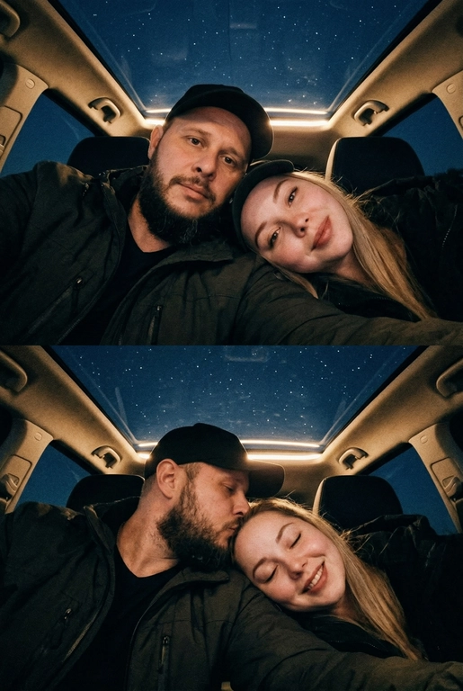 Создай вертикальный коллаж из двух фотографий в одном стиле.
Обе фотографии сняты внутри автомобиля, а через стеклянную крышу видно темное звёздное небо. Фото темное, снято на телефон, Атмосфера тёплая, уютная и романтичная. Фотографии должны быть реалистичными, с мягким освещением, естественными оттенками кожи и одинаковой цветокоррекцией на обеих частях коллажа.
Верхнее фото:
POV селфи: пара лежит рядом, крупный план. Мужчина в тёмной куртке и чёрной бейзболке смотрит в камеру. Женщина лежит, опираясь головой на его плечо, тоже смотрит в камеру. Мягкий свет на лицах, спокойные выражения.Акцент на лица.
Нижнее фото:
Та же композиция и ракурс. POV селфи: Мужчина нежно целует женщину в висок, женщина закрывает глаза с лёгкой улыбкой. Крупный план, фокус на эмоциях. Акцент на лица.