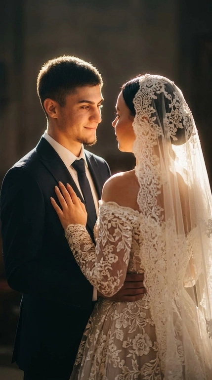 A realistic and believable shot of a couple.

Pose
The man and woman stand half-turned toward each other, creating a romantic and intimate moment. The man is on the left, softly gazing at the woman with a smile, his body slightly turned toward her. The woman stands with her back to the viewer, but has turned her head in profile to meet her partner's gaze. Her right hand rests gently on the man's chest, emphasizing the couple's closeness.

Angle
The photograph is taken from eye level, mid-ground (waist-length). The camera is positioned to focus on the couple's interaction and emotions, shifting slightly to the side to capture both their profiles.

Clothing
The man is wearing a classic dark suit with a white shirt and a dark tie. The woman is wearing an off-the-shoulder wedding dress with long lace sleeves. The dress is richly decorated with a floral lace pattern, which also extends to the long, flowing veil covering her head.

Lighting
This is the key element of the photograph.  A backlighting effect (light coming from behind the couple) is used, creating a bright golden outline (halo) around the silhouettes. The light is soft, warm, and diffused, highlighting the edges of the couple's hair and veil, giving the scene a fairytale-like, ethereal quality. The couple's faces are softly lit, with emphasis on their profiles.

Camera Effect
A shallow depth of field is used, blurring the background completely, focusing attention solely on the couple. A subtle glow (soft focus or bloom effect) softens the contours and adds a cinematic, dreamy feel to the image. Color grading is done in warm tones.

Background
The background is virtually indistinguishable due to the intense blurring and specific lighting. It can be assumed that this is a dark or subdued room, like a church, where the focus is solely on the glowing spot behind the couple.

Hairstyle
The woman's hair is partially hidden by the veil covering her head; the veil must remain on her head. DO NOT CHANGE THE FACIAL FEATURES; THEY SHOULD BE THE SAME AS THE REFERENCE PICTURE.