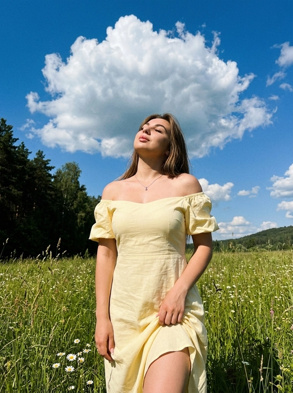 Фотореалистичное фото как из Pinterest, снято на заднюю камеру смартфона , обычный режим, без портретного режима, вертикальный кадр , натуральная экспозиция, реалистичная резкость смартфона, лёгкое естественное зерно. Без ИИ‑ретуши, без ИИ‑масок, без «пластика», без замыливания, без бьюти‑фильтров, без HDR, без агрессивного шумоподавления , видна естественная текстура кожи, ткани и травы. 
Локация: летний луговой склон с высокой зелёной травой и белыми полевыми цветами , слева тёмная кромка леса, густые деревья, вдали небольшой холм. Над головой яркое синее небо с крупным объёмным белым кучевым облаком, солнечный день.
Свет: жёсткий дневной солнечный свет сверху или сбоку, контрастные тени на траве, выраженные солнечные блики на плечах и ключицах, без пересветов.
ракурс: съёмка с уровня талии или чуть ниже, средний план примерно от середины бёдер и выше с большим количеством неба в кадре, акцент на фигуре на фоне облаков. Фокус на модели, фон слегка мягкий и  естественный, без искусственного боке.
Поза: модель стоит в траве, голова запрокинута вверх, глаза закрыты, лицо повернуто к солнцу, расслабленное мечтательное настроение. Одна рука держит край юбки, вторая опущена вдоль бедра. Минималистичные украшения: тонкая цепочка с небольшим кулоном.
Естественный макияж, натуральная кожа без глянца и без сглаживания. 

Какое будет платье?: На модели светло-жёлтое платье миди оттенка сливочного масла: открытая линия плеч, мягкий приталенный лиф, подчёркнутая талия, свободная юбка с естественными складками, матовая хлопковая или льняная ткань.