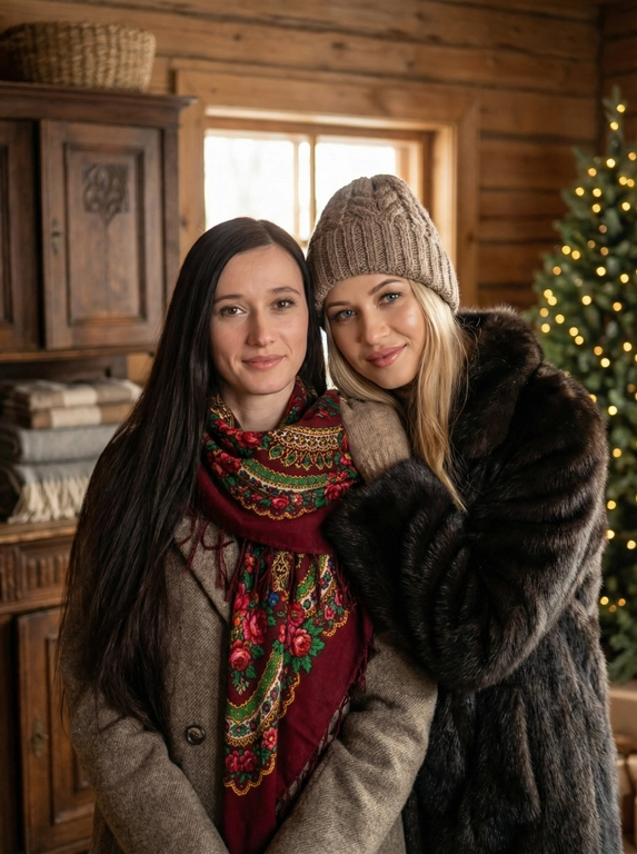   Создай кадр, который представляет собой теплый, уютный, слегка ностальгический зимний портрет в фэшн/фолк-стиле. Атмосфера спокойная, элегантная, дружеская близость двух моделей; сочетание высокой моды (мех, профессиональная ретушь) и фольклорной эстетики (вышитый шарф). Композиция и позирование: Форма кадра: портретный, вертикальный (соотношение примерно 3:4). Расположение: две женщины в центре кадра, тела и головы видны на груди; правая модель немного ближе к камере. Позы: девушки стоят близко друг к другу, левая модель слегка опирается на правую; плечи слегка повернуты к камере. Взаимодействие: мягкая улыбка, закрытое выражение лица, взгляд в камеру; дружелюбный, уверенный тон. Лица и макияж: Кожа: гладкая, естественная текстура, легкий эффект сияния. Глаза: аккуратные блики – оживляют ...
