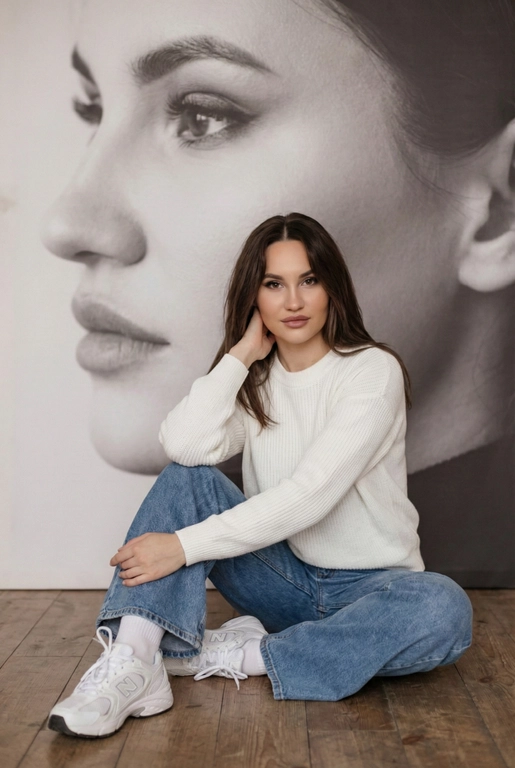   Максимально сохранить внешность, причёску и длину, как на фото.
Женщина должна сидеть на полу в изящной позе, в современном белом джемпере , в широких джинсах и белых носках и белых  кроссовках New Balance.

Её волосы как на фото
Выражение лица, как на фото, она смотрит на камеру .

Фон — тот же её профиль, в мягком крупном чёрно-белом художественном стиле, крупный план сбоку.

Композиция должна быть художественной, мягкой, реалистичной.
Создай изображение, которое выглядит как настоящая фотография.
