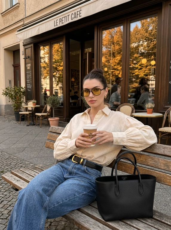 Модный снимок, сделанный на улице возле кафе. Женщина сидит на скамейке, облокотившись на спинку. В руках у неё бумажный стаканчик. На скамейке рядом с ней стоит чёрная кожаная сумка. Одета в просторные джинсы, затянутые чёрным ремнём с золотой пряжкой, На лице надеты солнцезащитные очки в стиле ретро с жёлтыми линзами, в ушах небольшие серьги-кольца. Сохранить черты лица.
Фото выполнено в тёплых тонах. На заднем плане виднеется фасад кафе с отражением деревьев в стеклянных дверях и окнах. Атмосфера непринужденная и стильная.

Какая будет блузка?: Свободная блузка и длинные рукава.