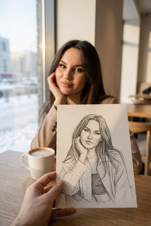 Используя загруженное эталонное фото этого человека, сохрани его черты лица, тон кожи, цвет и длину волос на 100% идентичными исходному изображению. Не меняй форму лица, индивидуальность, возраст или выражение. Сохрани реалистичную текстуру кожи и поры, избегая пластикового сглаживания или чрезмерной ретуши. Создай изображение человека с предоставленной фотографии, не изменяя его внешность и естественные особенности.
Снимок от первого лица: на переднем плане видна рука, держащая карандашный набросок портрета. На заднем плане, в легкой расфокусировке, сидит человек, по образу которого сделан этот рисунок. Композиция создает визуальный диалог между реальностью и искусством.
Человек на фоне смотрит в камеру с легкой, естественной улыбкой, подпирая щеку одной рукой и слегка наклонив голову. Макияж (если присутствует) естественный. На карандашном наброске изображено то же лицо, но с более спокойным, задумчивым и погруженным в себя выражением.
Человек на фоне одет в аккуратную, нейтральную повседневную одежду. На рисунке человек изображен в более свободном, художественном образе.
Сцена происходит в светлом, минималистичном дорогом кафе. Человек сидит за столом. На заднем плане видно большое окно с размытым городским зимним пейзажем. Перед человеком стоит керамическая белая кружка с капучино.
Золотой час. Яркий, но мягкий рассеянный дневной свет из бокового окна падает на лицо человека, создавая естественные блики и мягкие тени, подчеркивая уютную атмосферу.
Фотореалистичный стиль, имитация снимка на смартфон или цифровую камеру с портретным объективом. Малая глубина резкости (эффект боке): карандашный набросок в руке находится в идеальной резкости, а человек и фон — мягко размыты. Карандашный набросок должен выглядеть максимально реалистично, с видимой текстурой бумаги и штриховкой.