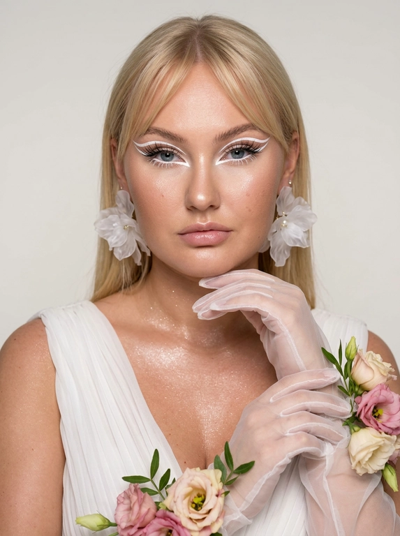Создай крупный портрет в стиле высокой моды, не меняя черты лица. Элегантный макияж глаз с длинными острыми белыми двойными изогнутыми стрелками, длинные густые ресницы эффект лучики, нижние густые ресницы накрашены белым, белый каял карандаш на нижнем веке, белый хайлайтер во внутренних уголках и на скулах. Тело и декольте подсвечены хайлайтером и шиммером. На ушах объемные полупрозрачные белые серьги-цветы. Высокая детализация текстур кожи и одежды. Лицо освещено ярким белым светом, изящный кадр с нежным светом, мягко обволакивающим фигуру и подчеркивающим пышные складки белого платья из тонкой плиссированной ткани, создающей легкость. В длинных полупрозрачных перчатках, добавляющих изысканности и загадочности. По запястьям из-под перчаток и по предплечьям живые цветы — розовые и кремовые бутоны эустомы и листья, контрастирующие с кожей и блеском перчаток. Лицо обращено к камере, выражение спокойствия и мечтательности, с влажной сияющей кожей. Равномерно светлый нейтральный фон акцентирует фигуру и детали, тени размыты, создавая атмосферу тепла и уюта. Композиция сосредоточена на верхней части тела и руках, подчеркивая грациозность и изящество, фотореалистичное изображение, высокая детализация, 8K, высокая контрастность. Девушка смотрит прямо в камеру.
