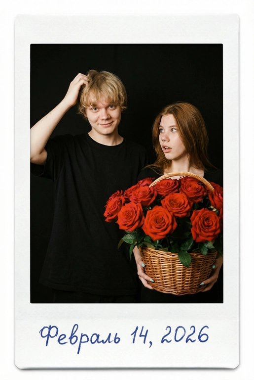 Винтажная фотография в стиле Polaroid, снятая на 35mm плёнку в начале 2000-х годов, со вспышкой. Девушка и мужчина на фоне сплошного чёрного фона.
На девушке чёрный топ. Она держит огромную плетёную корзину, наполненную крупными красными розами. На её лице — выражение удивления, она смотрит на мужчину.
Мужчина одет в свободную чёрную футболку, с легкой улыбкой почесывает голову и смотрит прямо в камеру.
Герои хорошо освещены вспышкой камеры, ракурс прямой, средний план. Внизу, на белой рамке Polaroid, синей ручкой от руки написано: «».
Аутентичное зерно плёнки, высокий контраст. Внизу, на белой рамке Polaroid, синей ручкой от руки написано: «Февраль 14, 2026».