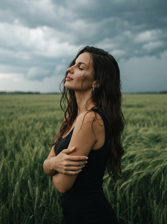 Use the user’s appearance 1:1 — same face, skin tone, hair, and proportions without any changes. Create a realistic outdoor portrait of the user standing in a green wheat field under a cloudy, dramatic sky before a storm. The user wears a fitted black sleeveless dress. Her wet hair softly frames her face and neck, slightly sticking to the skin. She stands in profile with eyes closed, head tilted slightly back, and arms crossed gently over her chest, creating an expressive and sensual yet natural pose. Lighting is diffused and moody, emphasizing the depth of the clouds and the natural glow of the skin. The overall atmosphere is cinematic, emotional, and realistic — soft tones, lifelike texture, and authentic outdoor mood.
—v 6 —ar 3:4 —style raw —q 2 —uplight —hd.