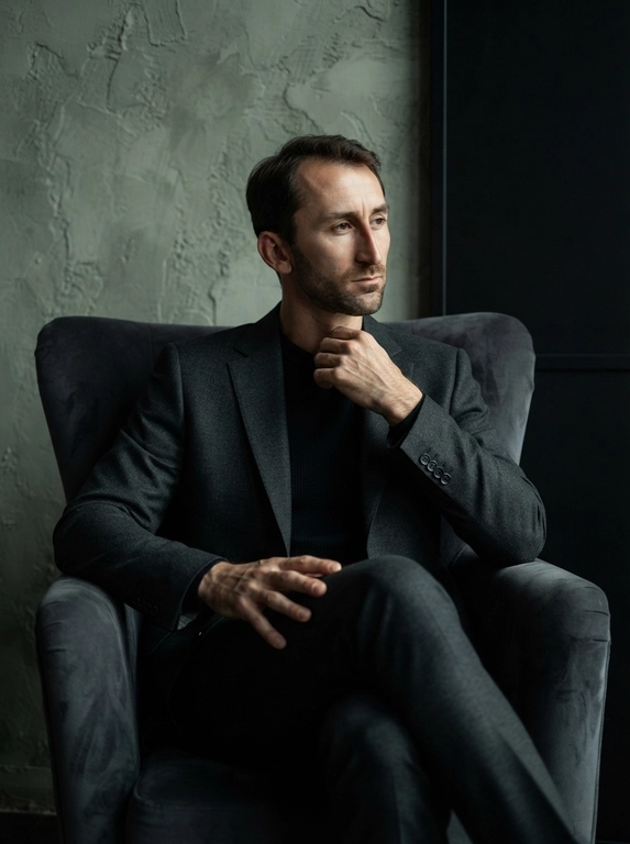 Создай фотореалистичный портрет мужчины в эстетике masculine luxury fashion editorial, cinematic menswear portrait и moody studio lifestyle photography: мужчина сидит в глубоком темно-сером кресле, корпус развернут к камере в три четверти и слегка отклонен назад, одна нога лежит поверх другой; одна рука согнута и поднята к противоположному плечу, ладонь лежит у основания шеи, пальцы касаются воротника, вторая рука расслабленно расположена на верхнем колене, пальцы естественно вытянуты. Голова немного повернута в сторону, взгляд направлен вправо за пределы кадра, брови слегка сведены, губы сомкнуты, выражение сосредоточенное, уверенное и задумчивое. Волосы уложены с боковым направлением и объемом сверху, отдельная прядь свободно опускается на лоб, боковые зоны направлены назад. На лице аккуратная естественная щетина с читаемой фактурой. На мужчине темно-графитовый костюм из плотной матовой шерсти: структурированный однобортный пиджак приталенного кроя с четкой линией плеч, узкими лацканами, длинными рукавами и пуговицами на манжетах, брюки того же оттенка прямого кроя с мягкими складками на коленях; под пиджаком темный однотонный трикотажный верх с круглой закрытой горловиной. Кресло с низкими широкими подлокотниками и плотной бархатистой обивкой угольно-серого оттенка. Фон минималистичный и фактурный: слева холодная серо-зеленая стена с грубой неоднородной штукатуркой, потертостями и пятнистой текстурой, справа гладкая вертикальная панель почти черного цвета, создающая строгую геометрическую границу, без дополнительных предметов. Мягкий направленный свет падает слева и немного сверху, освещает часть лица, лоб, скулу, руки и плечо, свет умеренно контрастный и рассеянный, сохраняющий скульптурность; противоположная сторона лица, костюм и правая часть пространства погружены в глубокую мягкую тень, под подбородком, рукой и лацканами формируются плотные естественные тени, на глазах присутствуют небольшие контролируемые блики. Цветовая гамма темная и премиальная: графитовые, угольно-черные, холодные серо-зеленые и приглушенные металлические оттенки, натуральный теплый тон кожи создает мягкий контраст. Мужчина занимает центральную и правую часть кадра, слева остается пространство фактурной стены, диагонали рук и скрещенных ног формируют собранную редакционную композицию. Съемка на уровне груди с близкой дистанции, перспектива естественная и слегка сжатая, фокус на глазах и лице, одежда и руки четкие, фон мягко отделен без сильного размытия, объектив 85 мм с умеренно открытой диафрагмой. Атмосфера сдержанная, мужественная, интеллектуальная, статусная и немного драматичная, без улыбки и театральности. Максимальная детализация лица, глаз, щетины, рук, шерстяной ткани, обивки кресла и стены, реалистичная анатомия, натуральная оптика, высокое качество; обработка темная и кинематографичная, с умеренно сниженной насыщенностью, глубокими черными оттенками без потери деталей, холодными тенями, мягкими теплыми оттенками кожи, деликатной пленочной зернистостью, локальным контрастом и минимальной естественной ретушью без пластиковой кожи и чрезмерного сглаживания. Важно: строго сохранить внешность по фото пользователя — точные черты лица, пропорции, телосложение, мимику, индивидуальные особенности, единообразие лица и узнаваемость, без усреднения и подмены.