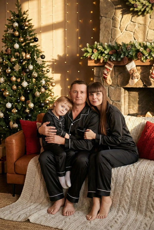   Создай трогательный кадр из профессиональной фотосессии в студии, где запечатлен момент семейной близости. Люди на фото могут быть как взрослыми так и детьми, в зависимости от предоставленных фото. Сделай так, чтобы все они смотрелись гармонично и трогательно. Фото в стиле Энни Лейбовиц, четкий фокус.

Люди в расслабленных позах на низком коричневом кожаном диване и на плотном светлом вязаном ковре. Естественные прически и минимальный макияж. 

Студия украшены в рождественском или новогоднем стиле, рядом с диваном стоит елка, позади дивана камин. Каминная полка украшена еловой гирляндой, шишками и маленькими рождественскими носочками. На диване красные декоративные подушки. В студии висят теплые гирлянды и мягко светятся.  

На фото видно лица людей и они смотрят в камеру.
 
Освещение мягкое, естественное, теплое, в стиле "Золотой час", мягкие тени, камера на уровне глаз, теплый цветовой грейд (золотисто-коричневые тона), натуральные оттенки, тонкая ретушь, мягкая пленочная текстура, атмосфера уюта, семейного тепла и близости. Используй три загруженных фото: мужчина, женщина и ребенка. Не изменяй лица исходных фото (черты, пропорции, возраст, мимику). Сохраняй естественные телосложения. 
На переднем плане изображены женщина, мужчина и девочка на руках у папы,  трое в одинаковых атласных пижамах черного цвета с белыми деталями. Взгляд женщины мягкий смотрит  в камеру, обняв мужчину. Девочка, слегка наклонив голову у папы на руках, также смотрит в камеру. Мужчина смотрит в камеру. Не изменять черты лица, На заднем плане красиво оформленная рождественская елка с золотыми и черными шариками, а также белыми огоньками, создающими атмосферу праздника. Освещение мягкое, создающее теплую и уютную атмосферу. Композиция сбалансированная и гармоничная, внимание акцентируется на лицах персонажей и их взаимодействии. Стиль фотографии можно охарактеризовать как уютный портрет, в котором подчеркивается семейная связь и радость праздника.