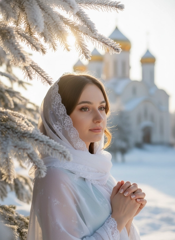 Создай портрет, не меняя черты лица. Черты лица в точь точь как на фото. Профессиональный макияж и прическа. Фотопортрет крупным планом женщины в полу профиль, ладони сложены вместе в молитвенном или мирном жесте. На ней изысканный белый полупрозрачный  платок, покрывающий голову.  На заднем плане — размытый силуэт православного храма с золотыми куполами под заснеженными крышами. Зимнее утро, мягкий солнечный свет пробивается сквозь ветви ели, покрытые инеем. Высокая детализация кожи, текстуры кружева и снега. Атмосфера чистоты и духовности, гиперреализм, 8k. Реалистичные текстуры зимней одежды и хвои в инее.