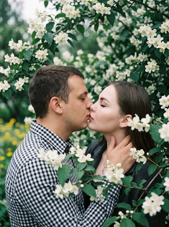 A man and a woman stand face to face, kissing—their lips touching, faces in profile, eyes closed. The shot is close-up, from shoulders to head, angled at eye level, with their faces centered in the frame and surrounded by flowering branches. The foreground and edges of the frame are filled with out-of-focus branches and flowers. Do not alter the faces from the uploaded photos.
The skin appears perfectly smooth and matte.
The man is wearing a cotton shirt with a small gingham check in black and white tones. The woman is wearing a dark gray jacket.
The location is a flowering tree with dense branches: large white flowers with five petals and yellow stamens —presumably jasmine or bird cherry—and dense dark green foliage. The branches frame the figures on all sides, creating a living, arched tunnel. In the left middle ground, yellow flowers are out of focus.
The lighting is natural, overcast, diffused, with no clear direction of the light source—an even, soft light. Shadows are virtually absent. Contrast is low. The overall tone of the frame is muted and cool, with green and white dominant tones. The highlights on the skin are subdued and matte. The film grain is pronounced.
Shot with an 85mm lens, minimal depth of field with sharp focus exclusively on the lips and the area where the faces meet—the foreground with the man's shoulder and the nearby branches are completely out of focus, the background with foliage is blurred into bokeh. Pronounced film grain. A reportage paired shot in the style of a Candid Film portrait, highly detailed and photorealistic.
Soft romantic spring botanical mood,
dominant tones: white blossom, deep green, dark charcoal,
low saturation with cool green emphasis,
flat diffused overcast natural lighting,
minimal shadow definition,
heavy analog film grain throughout,
lifted blacks with a soft hazy quality,
shallow depth of field with strong foreground blur,
Candid Film Spring color grading.