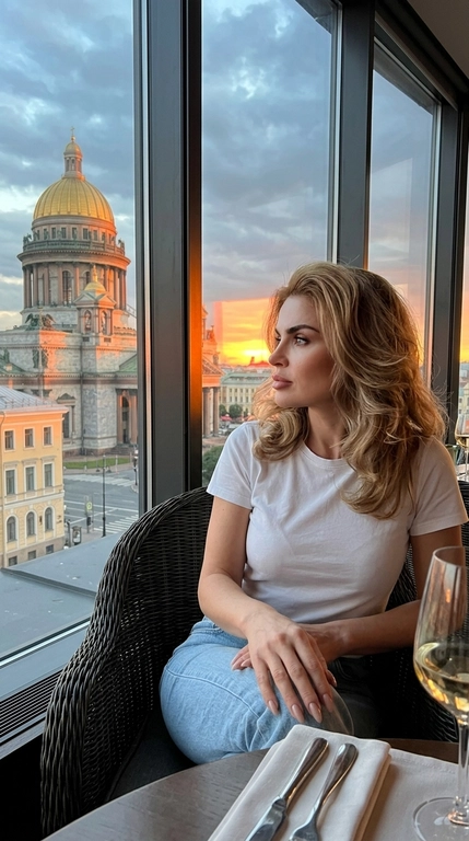 Задумчивая женщина у панорамного окна ресторана