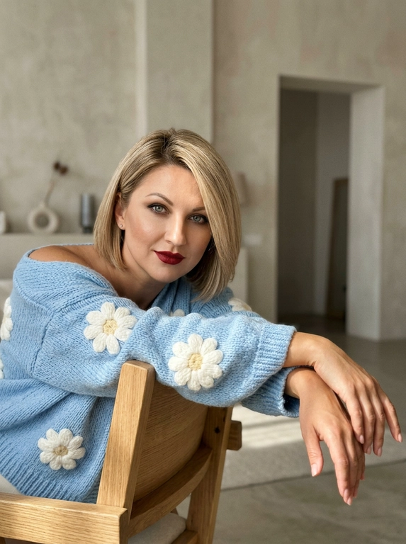 Создай крупный портрет, не меняя черты лица. Вид с боку. Фото в кинематографическом стиле с добавлением зерна, создающее атмосферу лёгкой загадочности. Модель облокотилась руками на деревянный стул, руки изящно вытянуты, кисти свободно свисают, поза расслабленная и элегантная, смотрит в камеру с лёгкой улыбкой. 
На модели свободный свитер спущенный с плеча, крупной вязки с объёмными белыми ромашками. Солнечный свет падает на лицо, подчёркивая черты и создавая мягкие тени, придавая кадру загадочный и элегантный вид. Вдалеке видно дверь в другую комнату, что добавляет глубину и расширяет пространство. Фон — светлая современная гостиная с мягким освещением, подчёркивающим лёгкость сцены и акцент на фигуре. Макияж безупречный, лицо остаётся естественным, без изменений черт, выражение спокойное и задумчивое, усиливающее интимность кадра. Кожа с лёгким загаром.
Снято на iPhone 17 Pro.

Какого цвета будет свитер: Свитер нежно-голубой