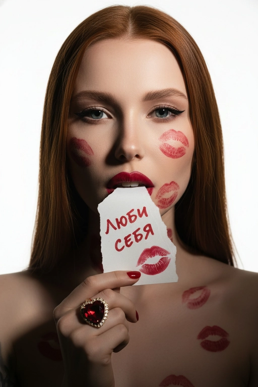   Фотореалистичный портрет крупным планом, кинематографический
вспышка Y2K. Чистый белый фон, драматическое профессиональное верхнее освещение с глубиной и скульптурными тенями. Голова прямо, камера крупным планом на уровне глаз, острый взгляд, томный, томный взгляд. Графичный «лисьий глаз» только во внешних уголках глаз, подчеркнутые ресницы, насыщенная красная помада с более темным контуром.
Она кусает зубами грубо разорванный клочок бумаги, держа его за уголок; на бумаге красной помадой написаны слова
«» и виден отпечаток поцелуя.
Хаотичные следы поцелуев от красной помады на лице, шее, плечах. Золотое кольцо с большим красным сердцем и бриллиантом. Не изменяй черты лица.  На листе бумаги написано "Люби себя"