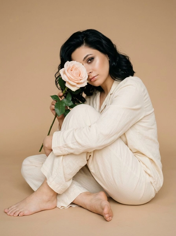 Сохрани внешность человека с исходного фото. Создай студийное фото на котором человек сидит на полу обнимая колени одной рукой. Второй рукой человек держит красивую нежную розу с большим бутоном, бутон цветка закрывает часть её лица. Макияж красивый профессионалный, ровная кожа с естественным сиянием, немного хайлайтера, дымчатые тени, красивые тонкие графичные стрелки, губы в прозрачном блеске. Одежда: светлый хлопковый костюм по типу пижамы, рубашка с длинным рукавом и свободные брюки. Но ноги босые. Фон бежевый, бесшовный и однотонный, фокус на человеке. Естественный свет допустимо лёгкое зерно. Высокое качество фото.

Прическа: Волосы ухоженные уложены крупные волнами.