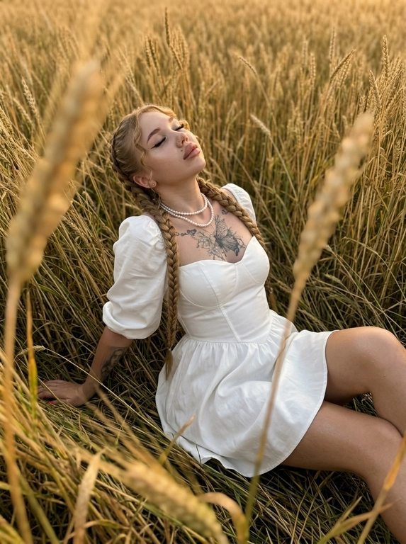 Ультрареалистичная фотография, снятая на iPhone 16 Pro, основная камера 24 mm, формат 4:5.

Женщина лежит на спине среди густых высоких диких колосьев. Камера расположена немного выше и сбоку, съемка сверху под небольшим углом. Голова слегка запрокинута назад, глаза закрыты, подбородок немного приподнят. Правая рука свободно лежит в траве, левая вытянута вдоль тела. Левая нога согнута в колене, правая вытянута.

Загорелая кожа с ровным тоном и влажным сиянием, густые брови уложенные вверх, глаза с межресничной стрелкой, пышные густые ресницы в лисьем эффекте, графичные чёткие длинные чёрные стрелки Пин-Ап, яркий хайлайтер во внутренних уголках. губы накрашены насыщенным коричневым карандашом с мягким  обведённым контуром. 

Высокие золотистые колосья окружают девушку со всех сторон. Несколько длинных колосьев расположены очень близко к объективу и сильно размыты, частично перекрывая нижний, левый и правый край кадра. Остальные колосья лежат вокруг тела и мягко наклоняются над девушкой, создавая ощущение, что она полностью утопает в высокой траве.

Золотой час перед закатом, теплый боковой свет, легкий ветер.

Цветокоррекция: теплые кремово-золотые оттенки, приглушенные цвета, низкая экспозиция, мягкий контраст, натуральная кожа, глубокие оливковые и песочные оттенки, легкое пленочное зерно, Kodak Portra 400 color grading, authentic candid iPhone photography, spontaneous snapshot, documentary lifestyle photography, shallow depth of field, ultra photorealistic, 8K.

Какая будет прическа?: Волосы разделены чётким пробором сверху, заплетены в две толстые длинные косы назад, две кудрявые пряди спадают на лицо и обрамляют его,

Какая будет одежда?: На ней короткое белое платье из плотного хлопкового сатина с корсетным лифом, глубоким вырезом sweetheart, объемными рукавами-фонариками до локтя, короткой пышной юбкой и двойное жемчужное ожерелье.