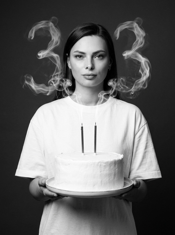 Create a highly photorealistic birthday studio portrait. Use ONLY the uploaded photo as the identity reference and generate the entire scene from scratch.

IDENTITY LOCK: preserve the uploaded person’s exact identity, facial structure, proportions, eyes, eyebrows, nose, lips, jawline, skin tone, skin texture, natural asymmetry, hair color and natural appearance. Preserve the person’s gender exactly as shown. Do not feminize, masculinize, beautify, age, de-age or alter their identity.

POLISHED APPEARANCE: the person must look exceptionally well-groomed, clean, polished and professionally styled, while remaining recognizable as themselves. Hair must look freshly washed, healthy, neat and professionally styled. Preserve the original hair color, length and texture from the uploaded photo, but create a tasteful, natural hairstyle suitable for a professional editorial birthday portrait. For women, create a polished feminine blowout or elegant natural styling when compatible with the original hair. For men, create neat, professionally groomed hair while preserving the original hairstyle. Skin should look clean and healthy with subtle natural grooming, never heavy makeup or artificial retouching.

COMPOSITION LOCK — identical for male or female:
The person stands centered, facing directly toward the camera, framed from approximately the waist up. They wear an oversized plain white T-shirt. Both hands hold a large round white frosted birthday cake on a simple white plate at lower center frame. The cake is directly in front of the torso, never positioned to the side. Two thin dark candles stand vertically on the cake.

Behind the person is a smooth dark charcoal-gray studio background. Realistic white candle smoke rises upward and forms the exact number. The number appears ONLY ONCE, large and clearly readable behind the upper body/head area, naturally connected to the candle smoke. It must look like real physical smoke, not typography.

The person looks directly into the camera with a calm, confident, natural expression and closed mouth.

Black-and-white luxury editorial photography, soft cinematic studio lighting, subtle shadows, realistic contrast and fine film grain. Ultra-photorealistic skin, hair, fabric, cake, hands and physically accurate smoke.

No plastic skin, messy or unstyled hair, greasy hair, excessive makeup, beauty filter, excessive retouching, CGI look, HDR, artificial sharpness, extra people, text, logos or watermark

Цифры из дыма: 33
