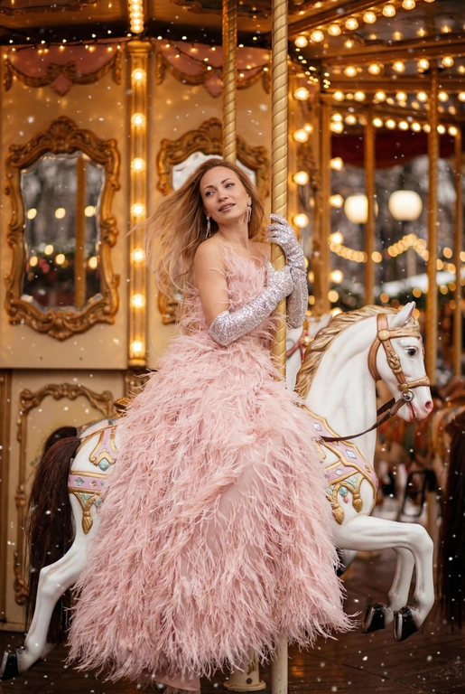   Сказочный праздничный портрет на ретро-карусели, вертикальный кадр до пола. Девушка сидит боком верхом на белой карусельной лошадке с золотыми и пастельно-розовыми декоративными элементами, руками обнимает золотой столб, на ней, уши украшены свисающими серьгами. Волосы распущены и развеваются, лицо слегка повернуто в сторону, выражение расслабленное и радостное. Фон залит тёплым светом гирлянд и лампочек карусели, золотые рамы зеркал и размытые огни парка создают атмосферу роскошной рождественской ярмарки, в воздухе лёгкие снежинки и боке. Гламурный праздничный стиль, насыщенные тёплые тона, мягкое боке, high fashion editorial, 8k, cinematic lighting, shallow depth of field, festive atmosphere. --ar 9:16 --v 6 --style raw --q 2 На ней пышное вечернее платье нежно‑пудрового цвета, полностью покрытое длинными перьями, создающими объём и движение, на руках блестящие длинные перчатки